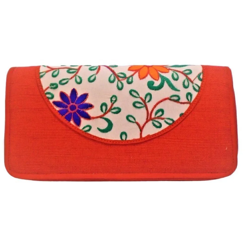 Aarong Bangladesh red embroidered clutch zip closure